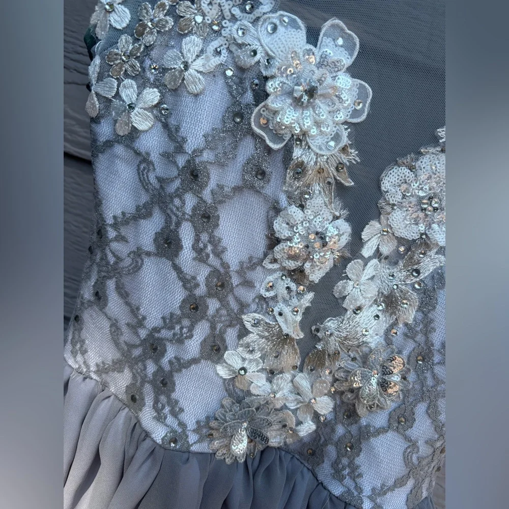 Grey Floral Figure Skating/Dance Dress - Picture 3 of 13